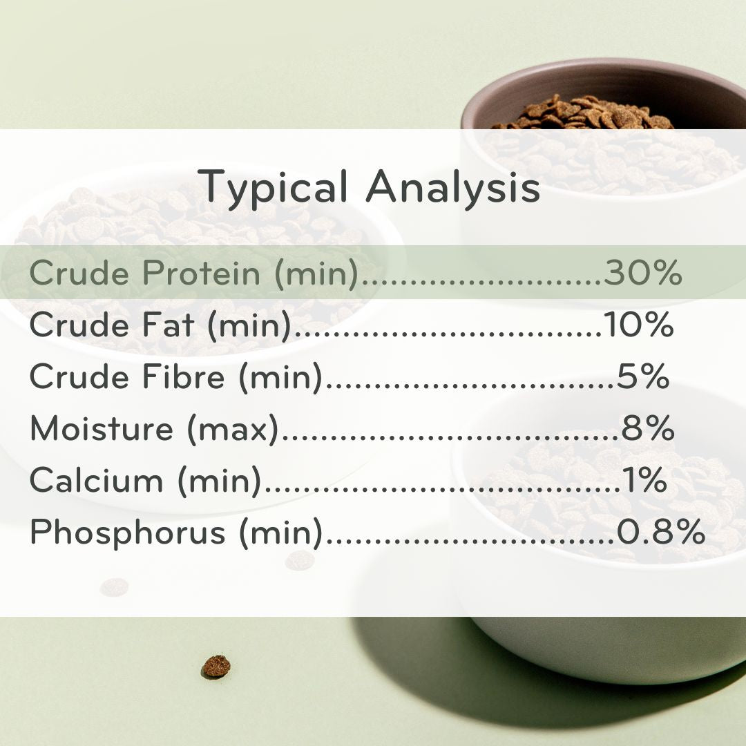 Nutritional analysis chart for Feed For Thought All Breeds Dry dog food with a bowl of seeds in the background.