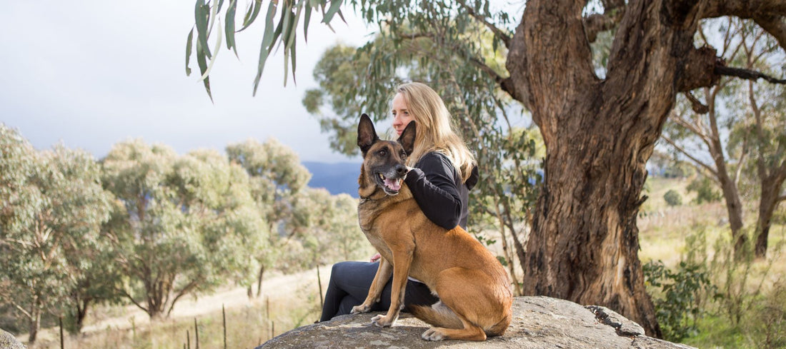 Feed For Thought founder sitting on a large rock outdoors with a Belgian Malinois dog by her side. She has one arm around the dog, and both are looking content. The background features gum trees, open countryside, and a partly cloudy sky.
