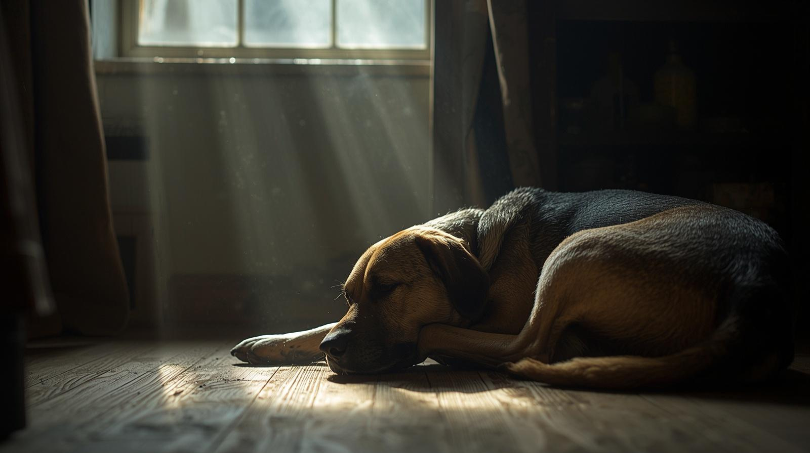 Senior beagle laying by a window in the low light