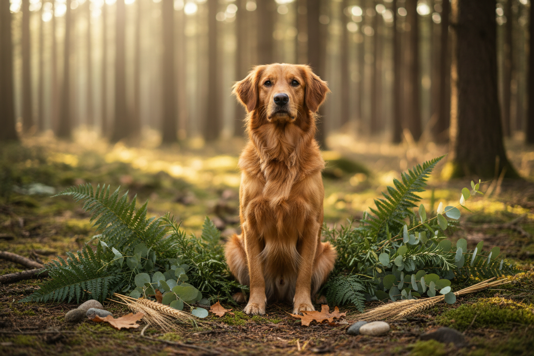 A healthy dog resting in a natural outdoor setting surrounded by green foliage, representing a dog thriving on a novel protein diet free from chicken