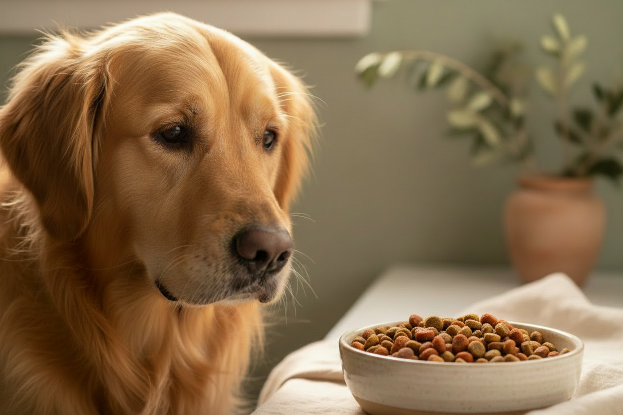 Golden retriever looking at a bowl of food in a house with a neutral background