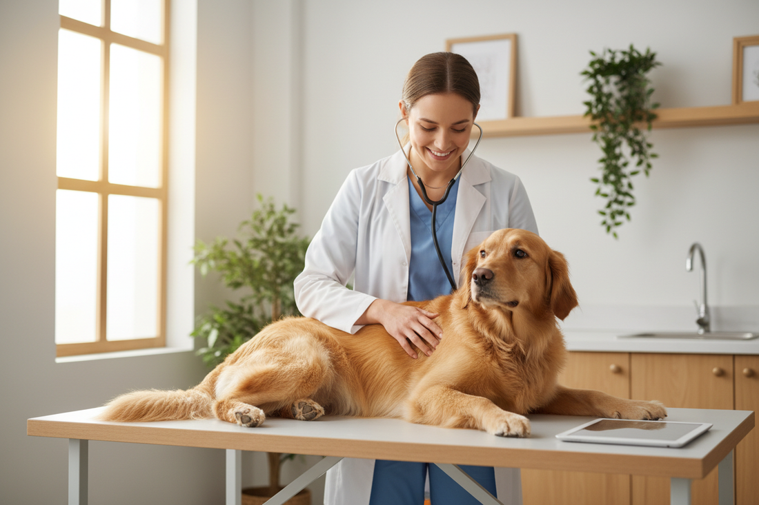 Golden Retriever on a vet's table in a clean clinic with a vet using her stethascope. The dog looks happy and calm with a healthy gut from lauric acid