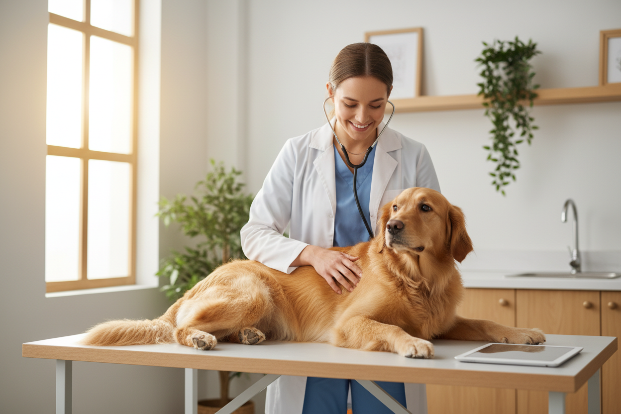 Golden Retriever on a vet's table in a clean clinic with a vet using her stethascope. The dog looks happy and calm with a healthy gut from lauric acid