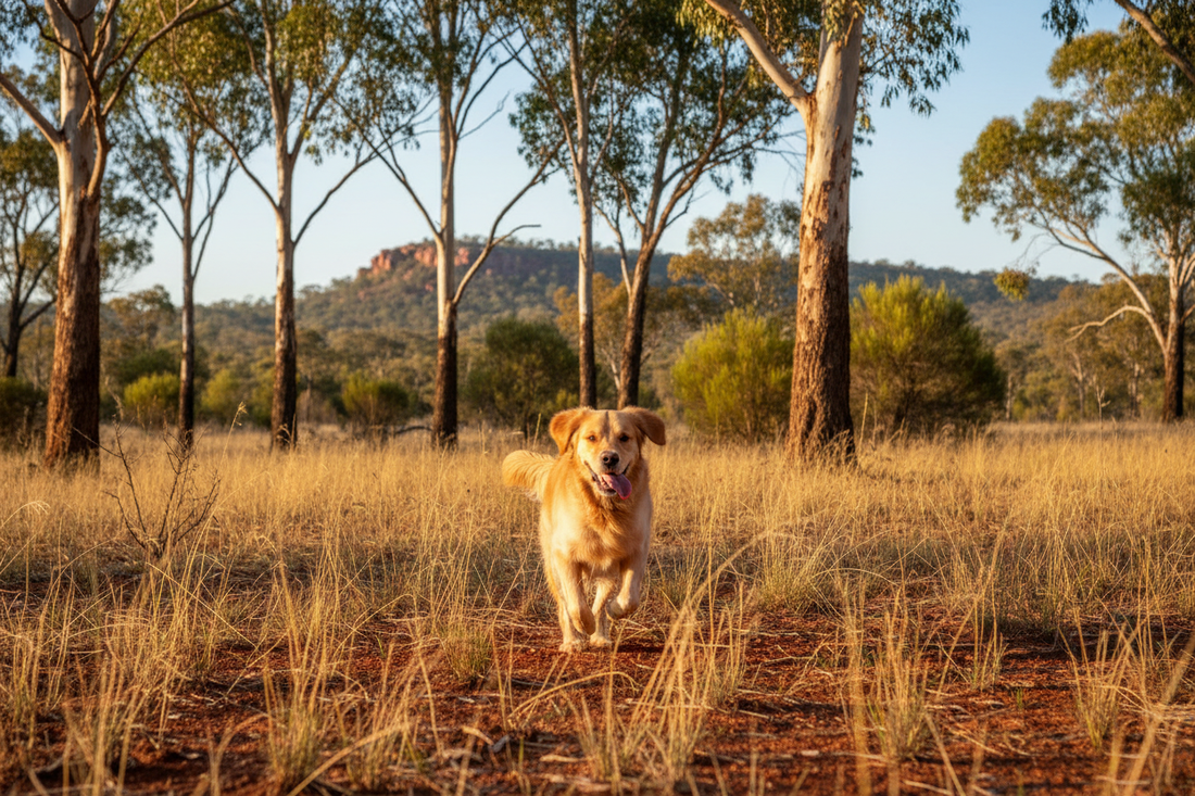 Healthy dog in Australian bushland setting with eucalyptus trees and native vegetation