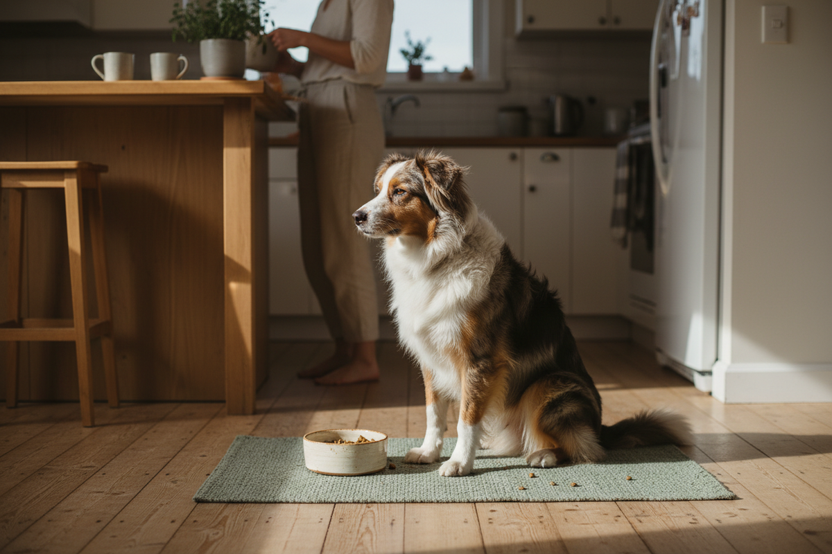 A relaxed dog sitting beside a food bowl in a lived-in home kitchen.