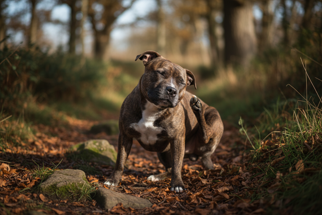 Staffy scratching behind its ear in that same earthy, natural light style.