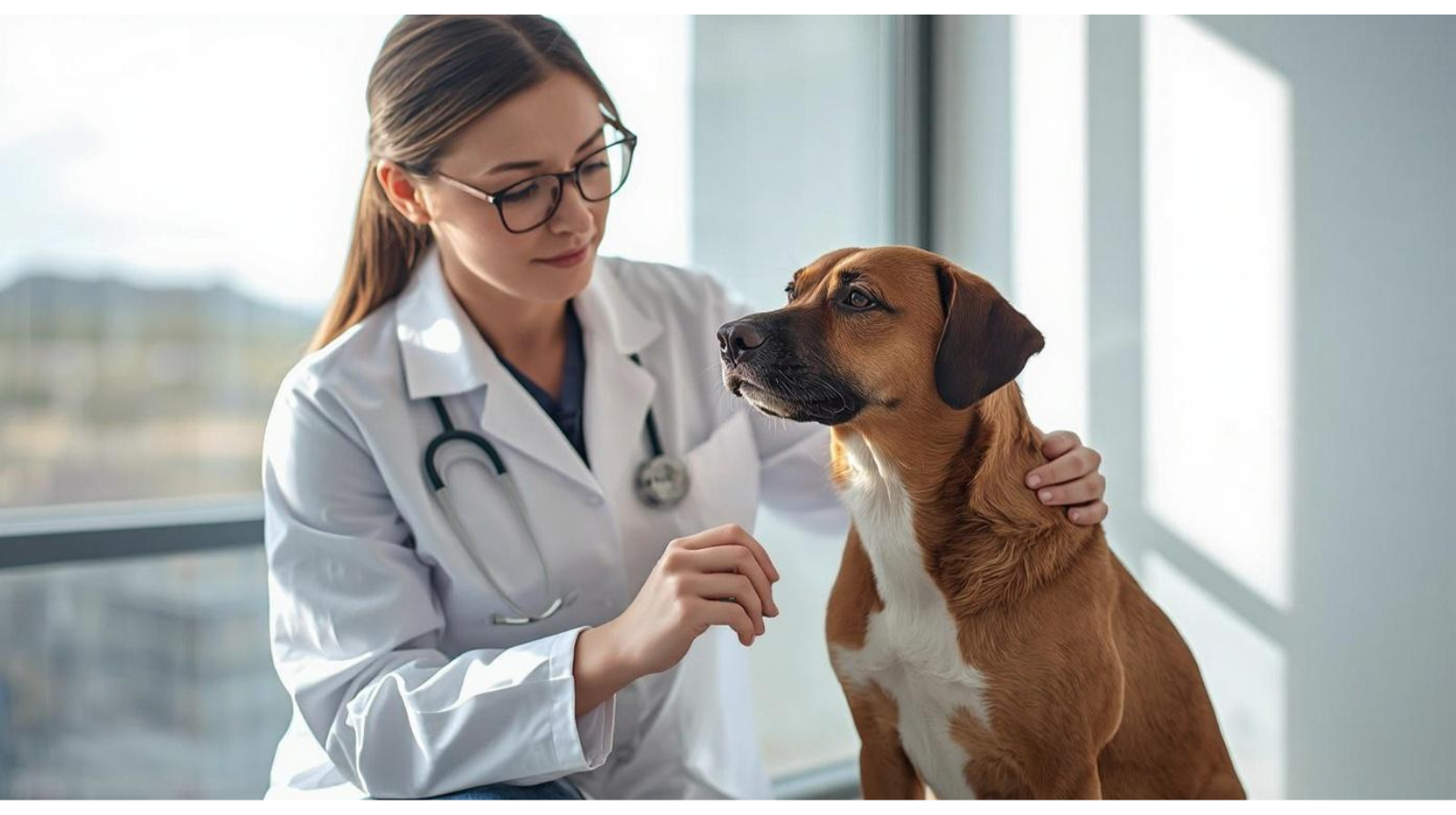 vet in lab coat conducting a health check on a brown mid sized dog