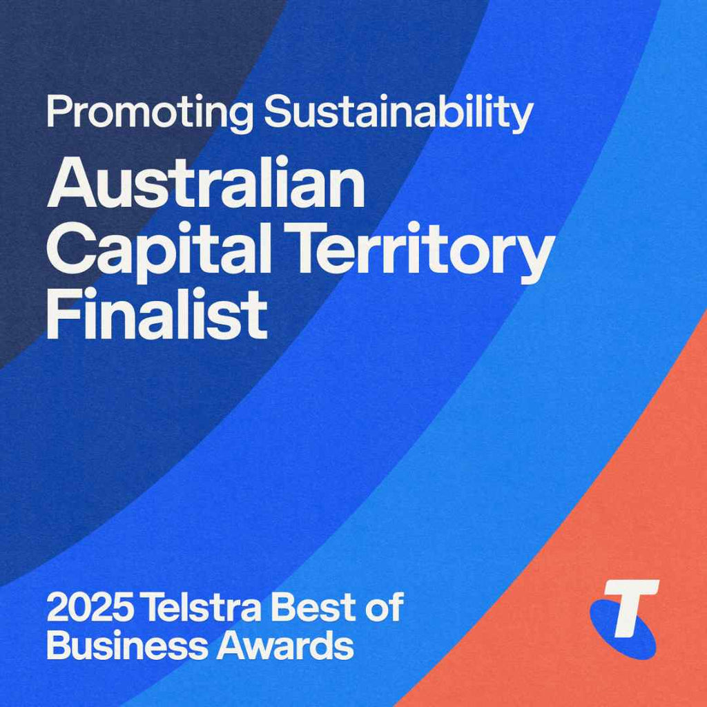 2025 Telstra Best of Business Awards — Promoting Sustainability, Australian Capital Territory Finalist. Blue and orange graphic background with Telstra logo.