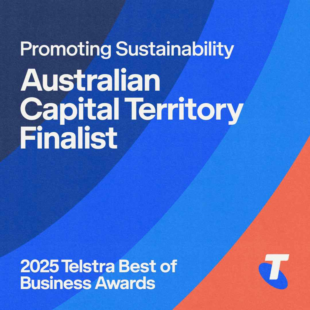 2025 Telstra Best of Business Awards — Promoting Sustainability, Australian Capital Territory Finalist. Blue and orange graphic background with Telstra logo.