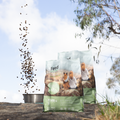 2 bags of Feed For Thought 5kg dog food bag outdoors with kibble pouring into a metal bowl, featuring a woman and dog on the packaging.
