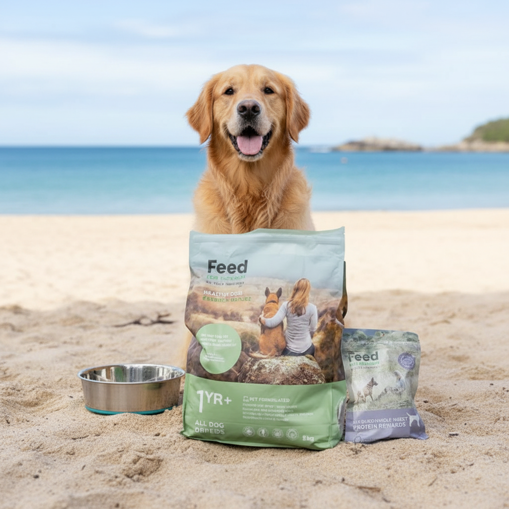 Golden retriever with 5kg of Complete and Balanced dry dog food and 200g bag of Air Dried Insect Protein rewards