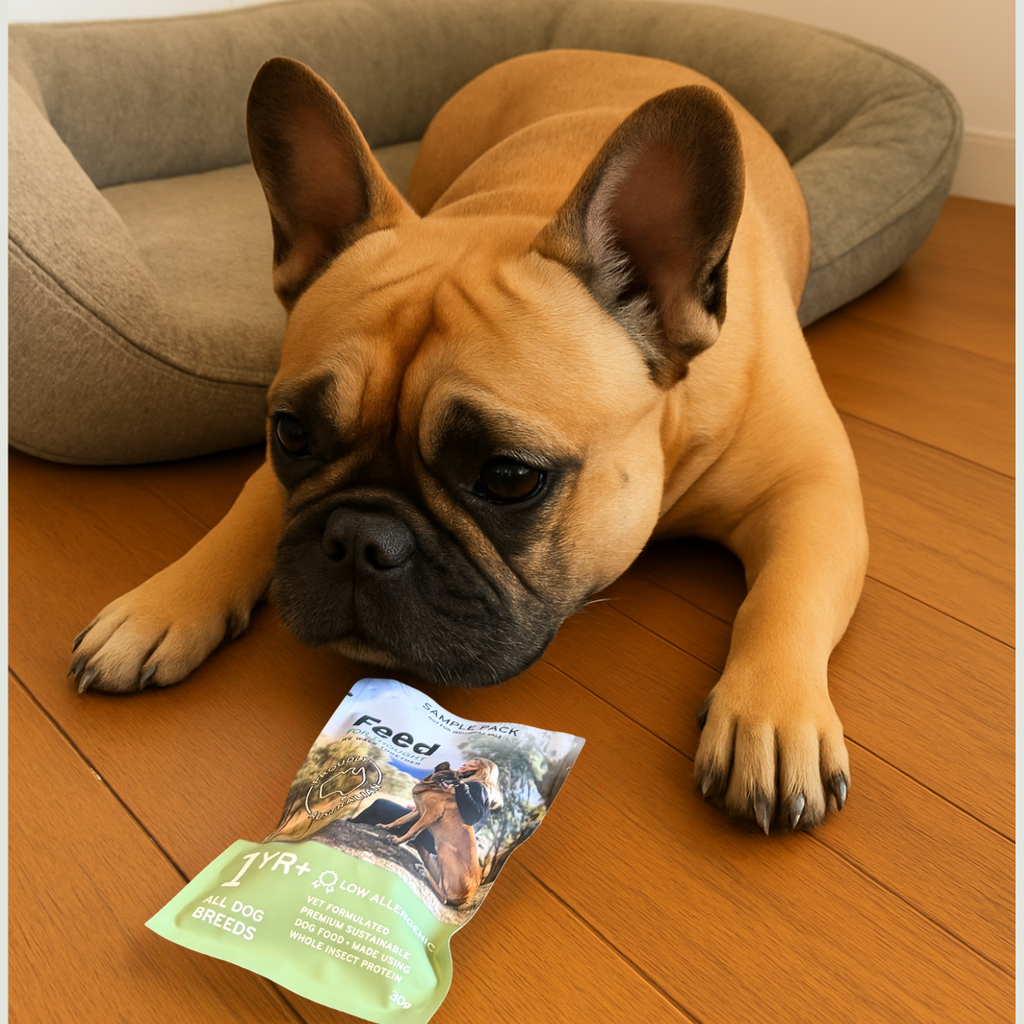 French Bulldog sniffs a sample pack for Feed For Thought in Australia