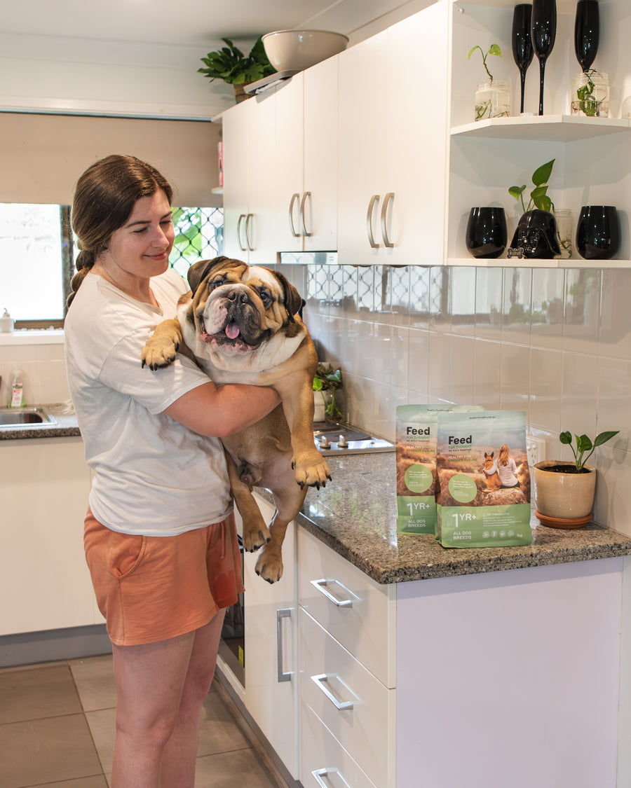 Woman holding a French Bulldog in a kitchen with Feed For Thought Australia packaging on the counter