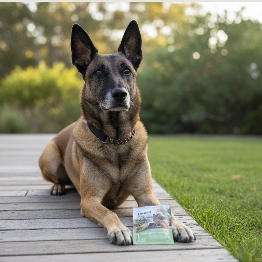 Malinois on an outside deck with a Feed For Thought Sample Pack at his feet in Australia