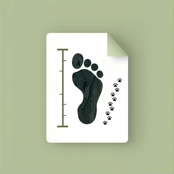Illustration of a document showing a large human footprint with a measurement scale on the left and a trail of small animal paw prints on the right, symbolizing carbon footprint measurement on a green background.