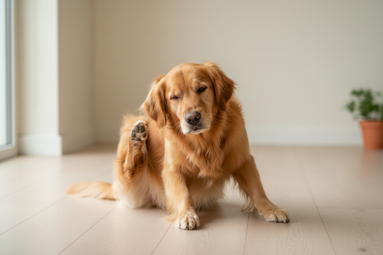 Golden retriever scratching indoors